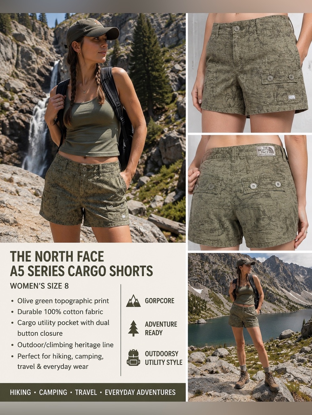 The North Face A5 Series Cargo Shorts Women’s 8 Olive Topographic Print Hiking